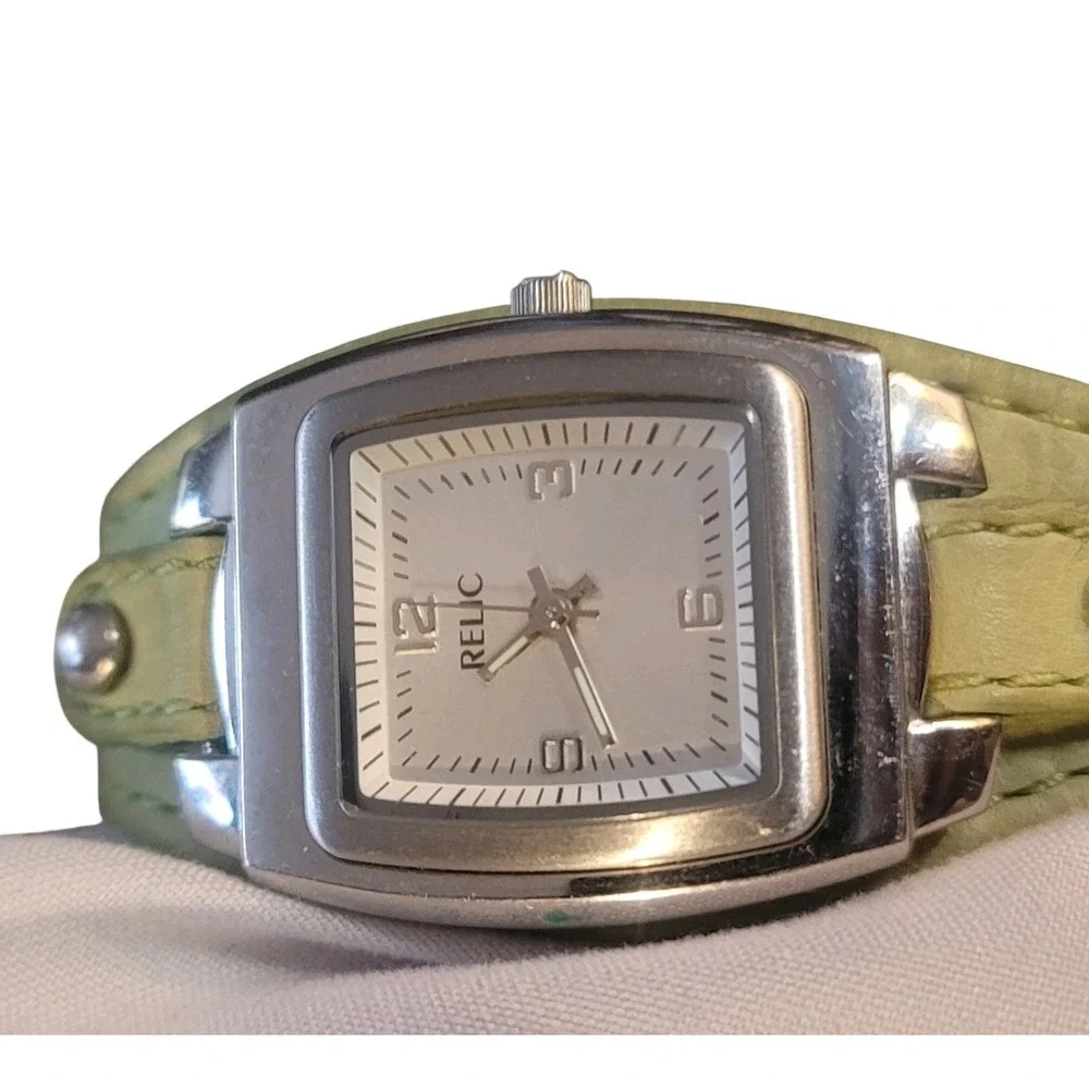 Relic by Fossil‎ Womens Cuff Watch Lime Green Leather Square Silver Tone ZR15339